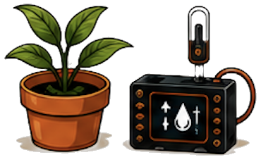 Plante en pot et boîtier électronique